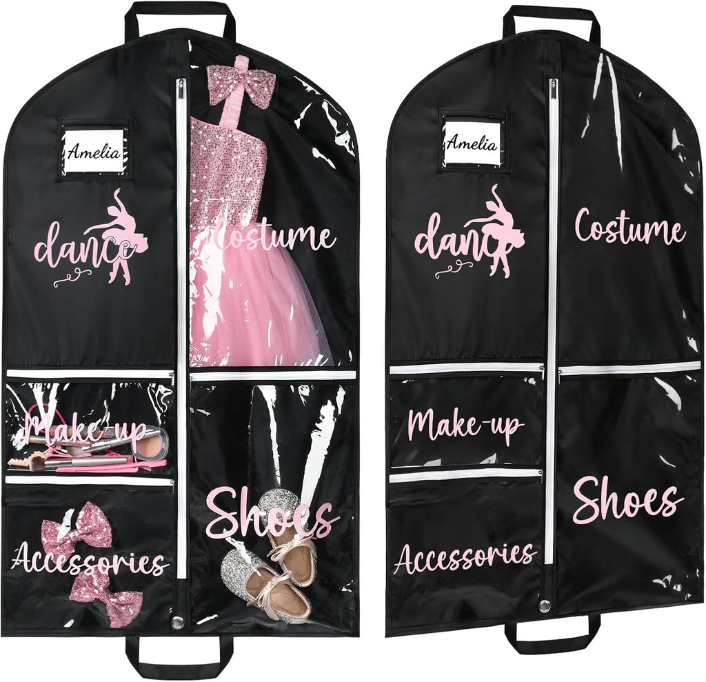 DEEKA Dance Garment Bag for Hanging Clothes with Zipper Pockets Dance Accessories Essentials Uniform Costume 40 Inch Dress Bags for Dance Competition Girls (Black,Pink-Dance)