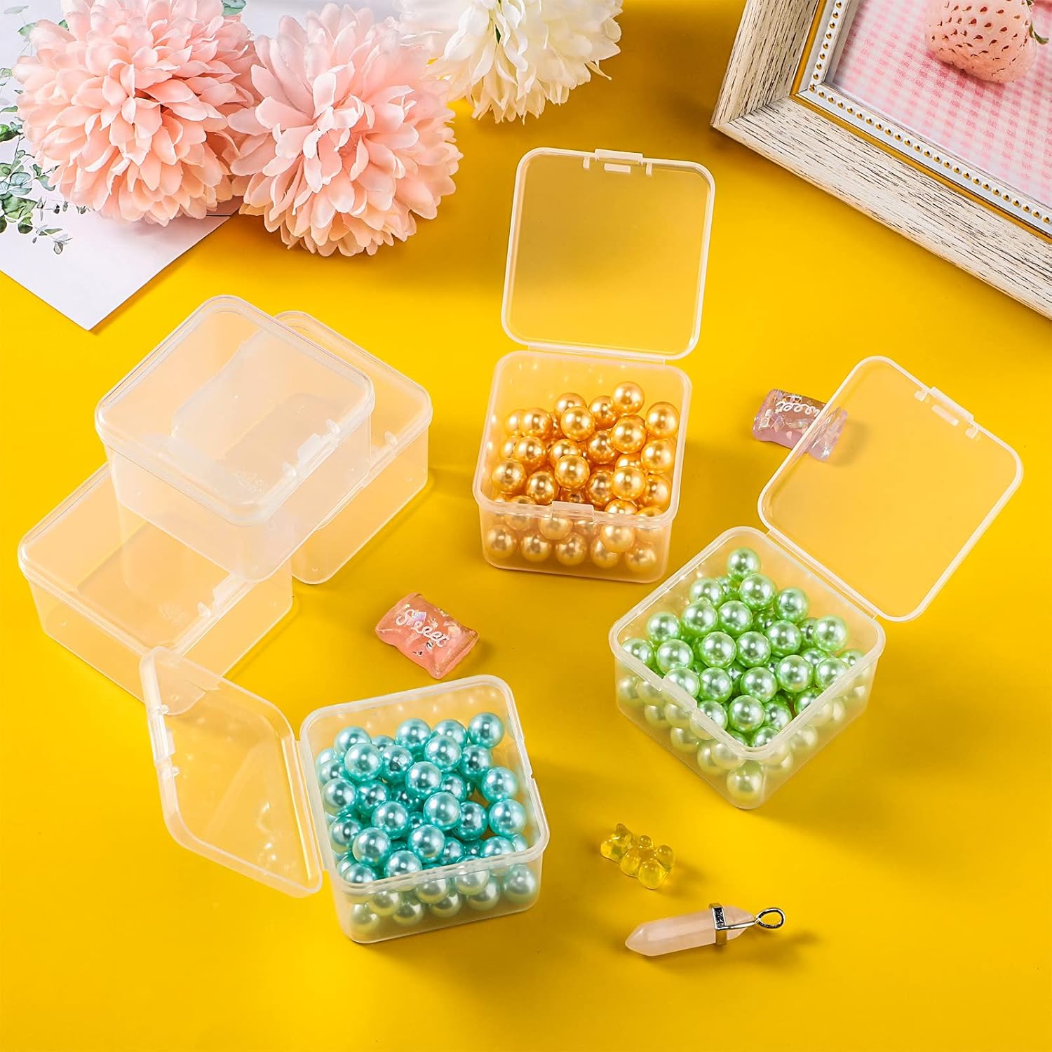48 Packs Clear Small Plastic Containers Transparent Storage Box with Hinged Lid for Small Items Crafts Jewelry (2 x 2 x 1.4 Inches)