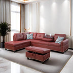 LeatherL Shaped Couch with Ottoman, Modern Nail-Head Design Comfy Sectional Sofa with Cup Holder & Chaise for Living Room, Bedroom, Office, Red