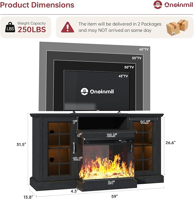 oneinmil 59'' Fireplace TV Stand with 3-Sided Glass, TV Cabinet for TVs up to 65", Modern Media Entertainment Center with Farmhouse Glass Door Storage Cabinets for Living Room, Black
