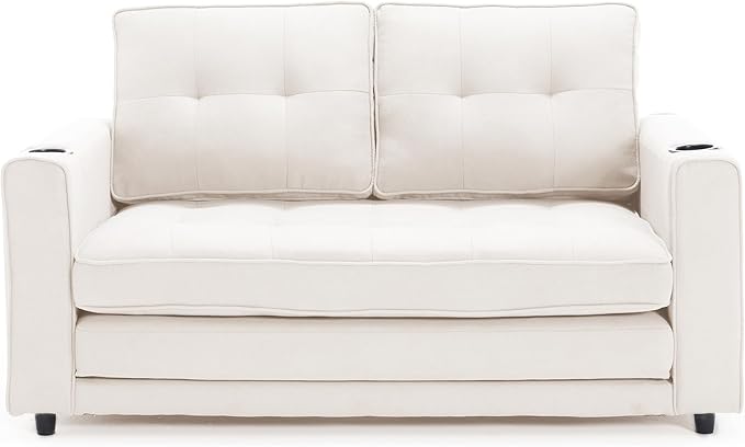 ERYE Modern Upholstered Loveseat Sofa Foldable Convertible Floor Sofabed W/Cupholders and Pockets, 3 Fold Tufted Futon Lounge Sofa with Pull Out Sleeper Couch Bed for Living Room Bedroom Studio