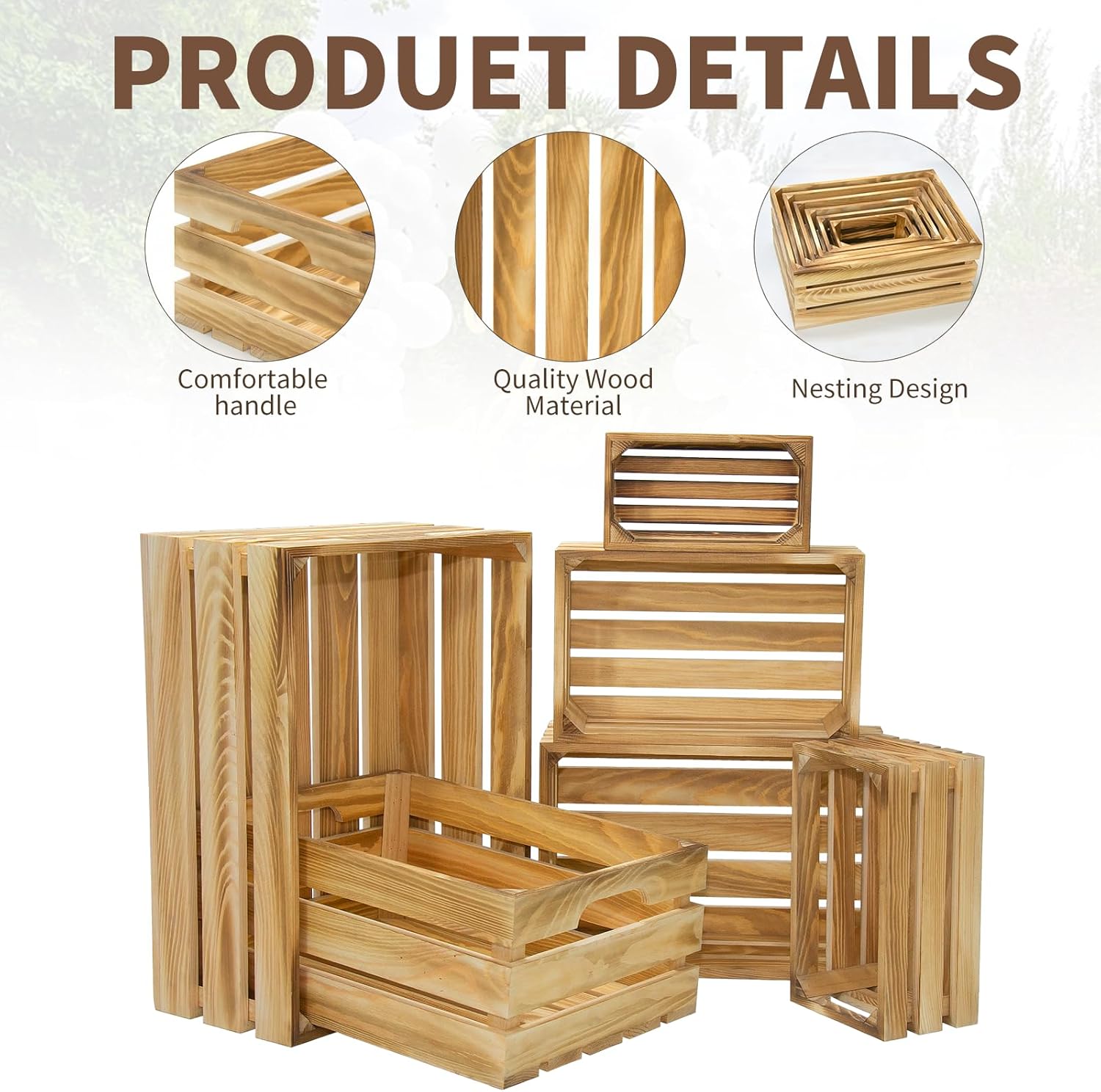 Extra Large 6 Pcs Decorative Wood Crates for Display, Farmhouse Wooden Basket for Storage Container and Decorations, Rustic Nesting Crates Decor Boxes with Handle
