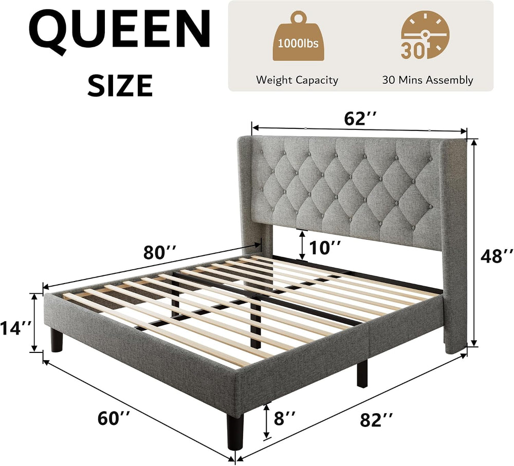 iPormis Queen Size Platform Bed Frame with Button Tufted Headboard, Upholster...