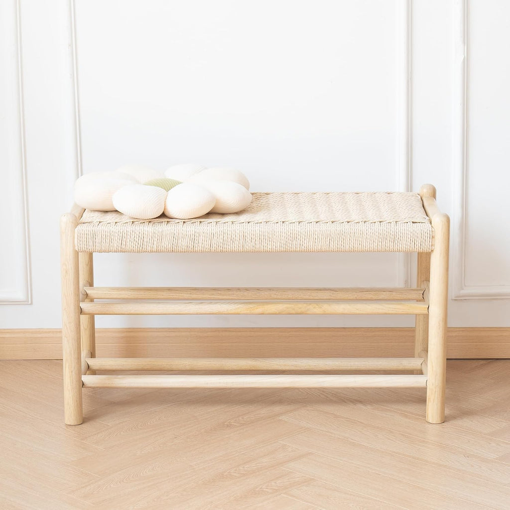 Solid Wood Entryway Bench with Shoe Storage, Rustic Oak Wood and Woven Design 31.5 Inch Long Seating for Living and Dining Rooms, 3-Tier Nature