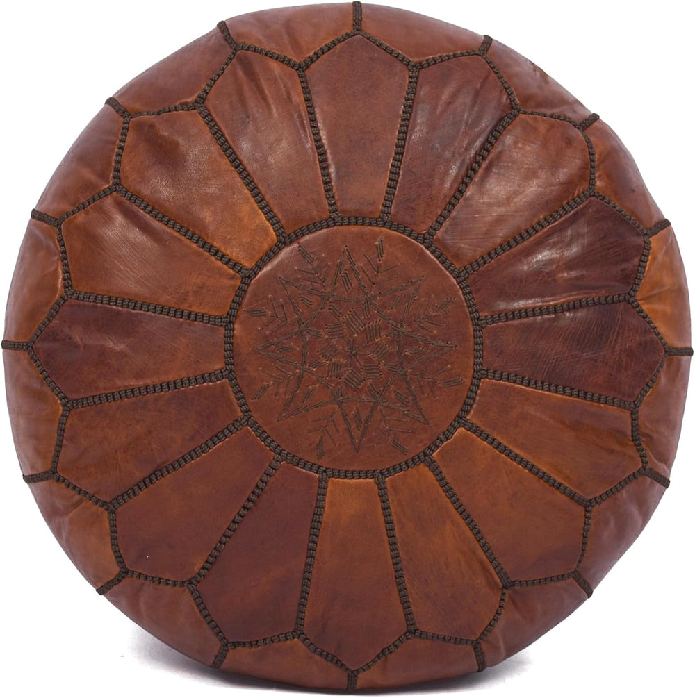 Moroccan Leather Handmade Pouf Ottoman Cover, Unstuffed Foot Stool, Round Boh...