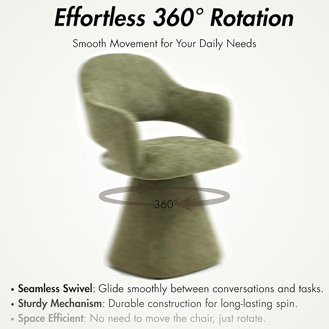 360° Swivel Dining Chair with Arms, Chenille Upholstered Barrel Accent Kitchen Chairs with Hollow High Back for Dining Room, Vanity Chair for Bedroom, Moss Green, 1PC