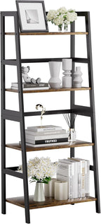HITNET Ladder Shelf, 4 Tier Bookshelf with Bamboo Frame, Freestanding Bathroom Storage Shelving Unit for Living Room, Home Office, Bedroom, Rustic Brown and Black