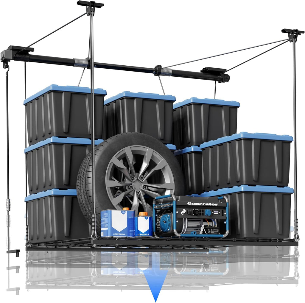 FLEXIMOUNTS Garage Lifting Metal Rack, 4x4 Ft Overhead Garage Storage Racks, Adjustable Heavy-Duty Ceiling Organization System, 350lbs Weight, Satin Black