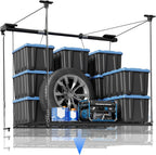 FLEXIMOUNTS Garage Lifting Metal Rack, 4x4 Ft Overhead Garage Storage Racks, Adjustable Heavy-Duty Ceiling Organization System, 350lbs Weight, Satin Black