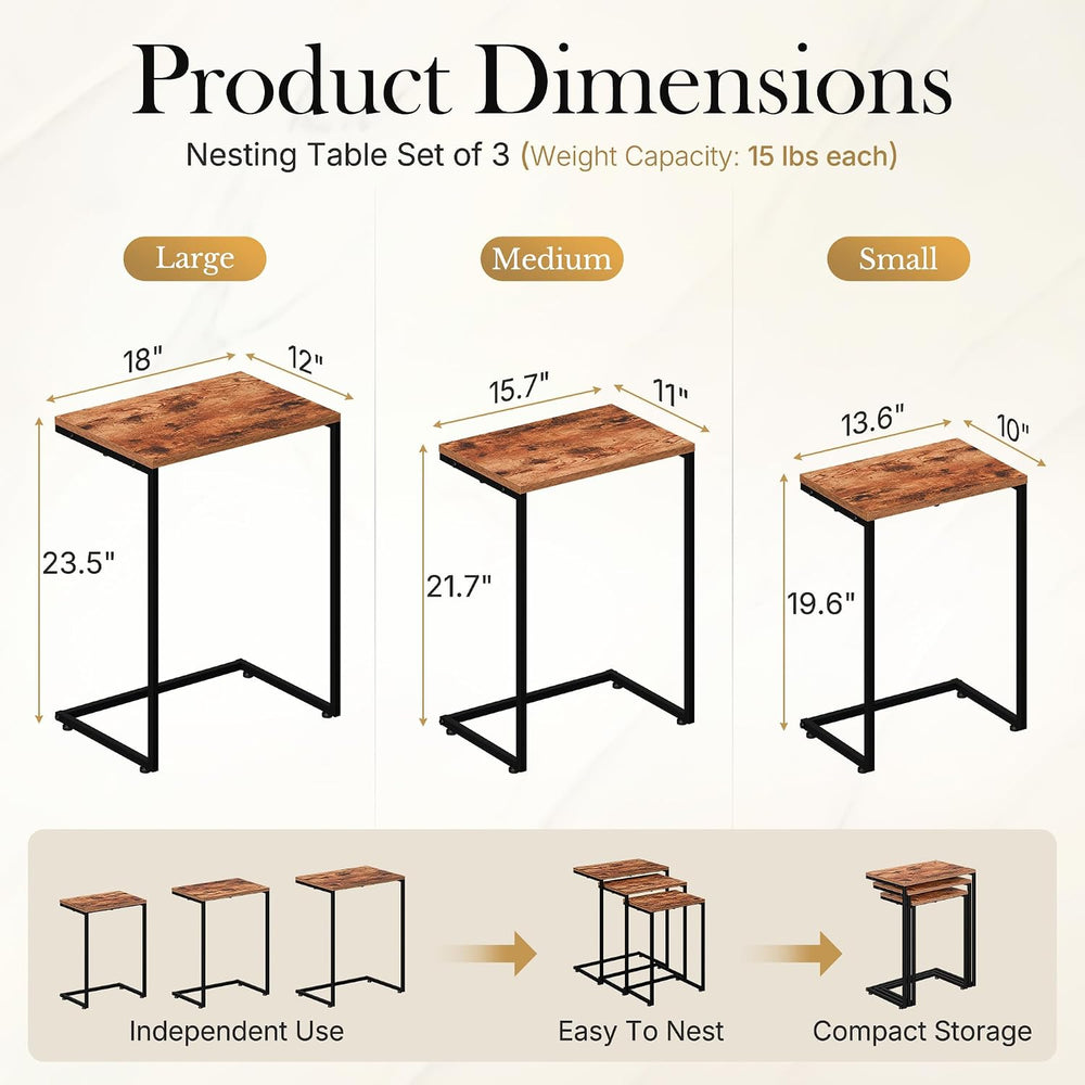 SUPER DEAL Nesting Tables Set of 3, Industrial C Shaped End Table Stackable C...