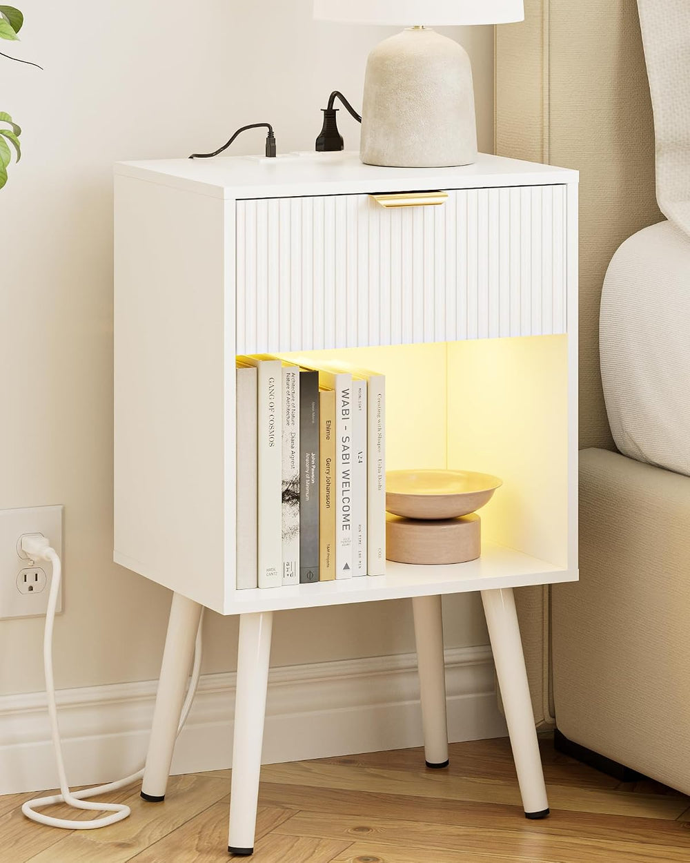 White Fluted Nightstand with Charging Station, Modern Bedside Table with Stor...