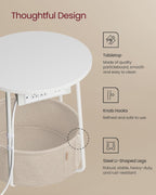 VASAGLE LILEA Collection - Side Table with Charging Station, Round End Table with Fabric Basket, Nightstand with USB Ports, for Living Room, Bedroom, Modern, Matte White and Camel Brown ULET228W01