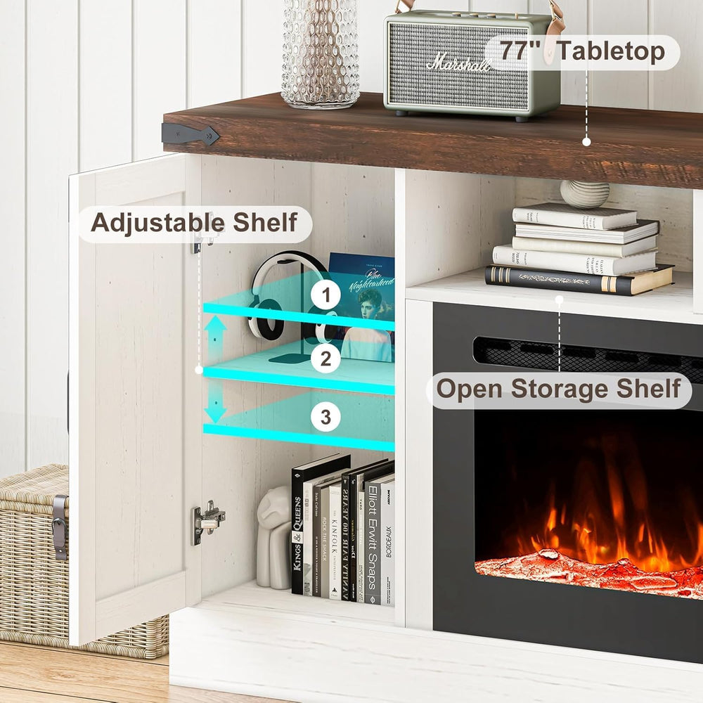 77 INCH Fireplace TV Stand for 85 Inch TVs, Farmhouse Entertainment Center wi...