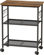 BEWISHOME 3-Tier Rolling Kitchen Microwave Cart, Small Microwave Stand | 4 Lockable Wheels, Hooks, Small Coffee Cart Shelf Rack Organizer for Kitchen, Living Room, Bathroom