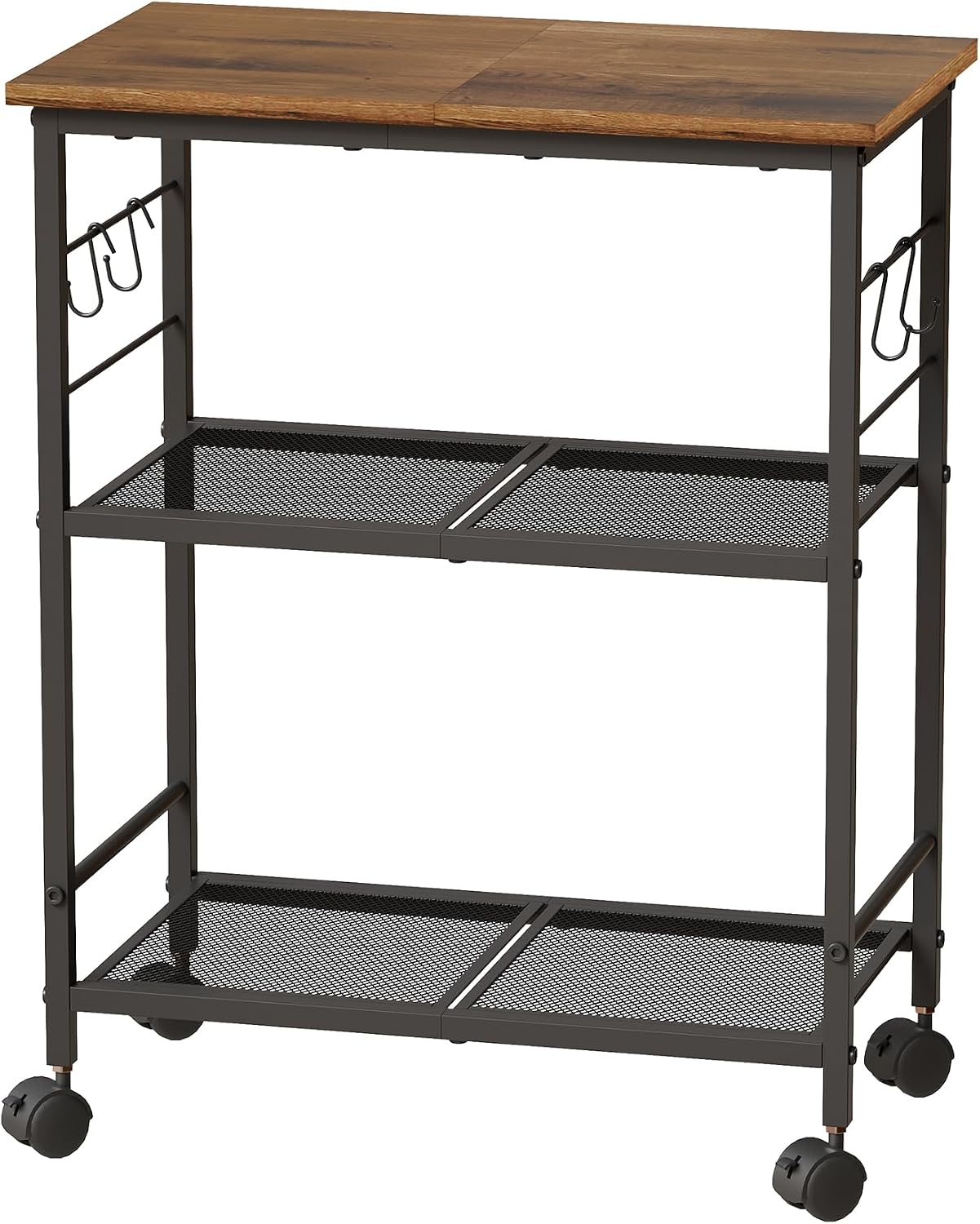 BEWISHOME 3-Tier Rolling Kitchen Microwave Cart, Small Microwave Stand | 4 Lockable Wheels, Hooks, Small Coffee Cart Shelf Rack Organizer for Kitchen, Living Room, Bathroom