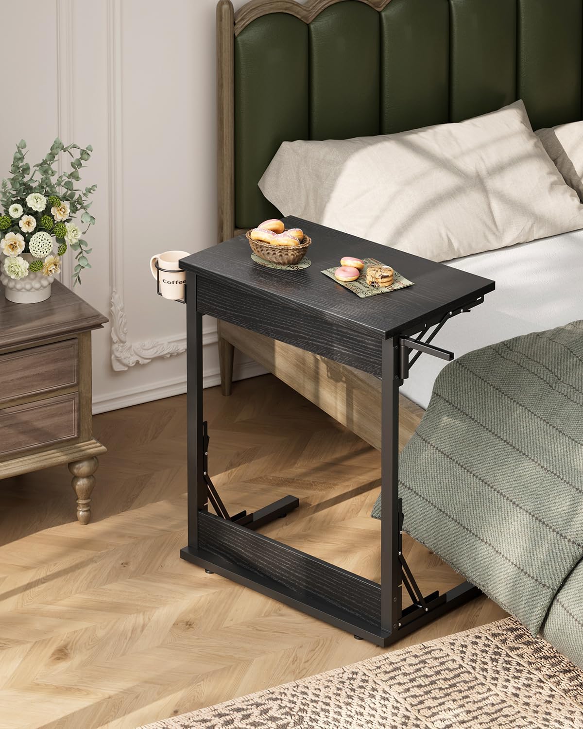 Tatub 24" Folding TV Tray Table, Foldable C Shaped End Table for Couch, TV Dinner Tray with Cup Holder, Small Sofa-Side Laptop Desk for Living Room Bedroom, Black