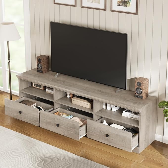IDEALHOUSE 70in TV Stand for TVs up to 80", Mid Century Modern Entertainment Center with Storage Drawer and Open Shelves, TV Console Media Cabinet for Living Room, Bedroom, Vintage Gray