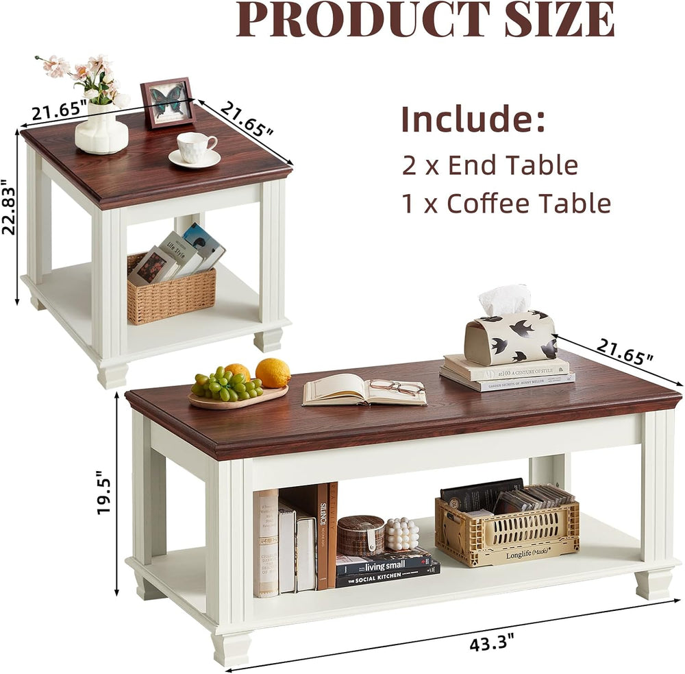 SAVOR LIFE Farmhouse Coffee Table Set of 3, White | Rustic Wood 3 Piece Coffe...