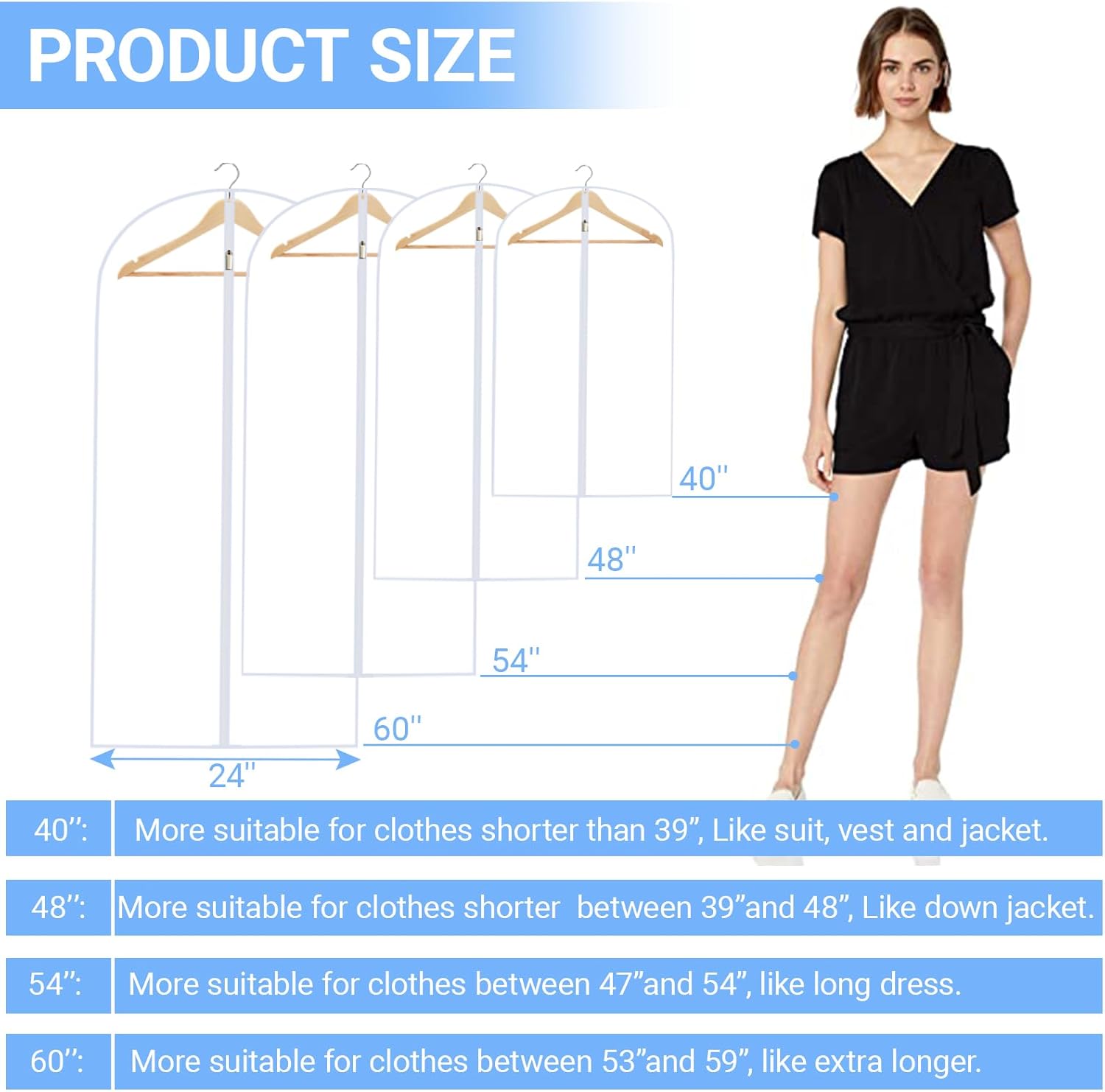 Garment Bags for Hanging Clothes 24'' x 48'' (Set of 12) Coat Covers for Closet Foldable Washable Dress Bags for Hanging Clothes for Long Dress Dance Costumes Suits Gowns Coats