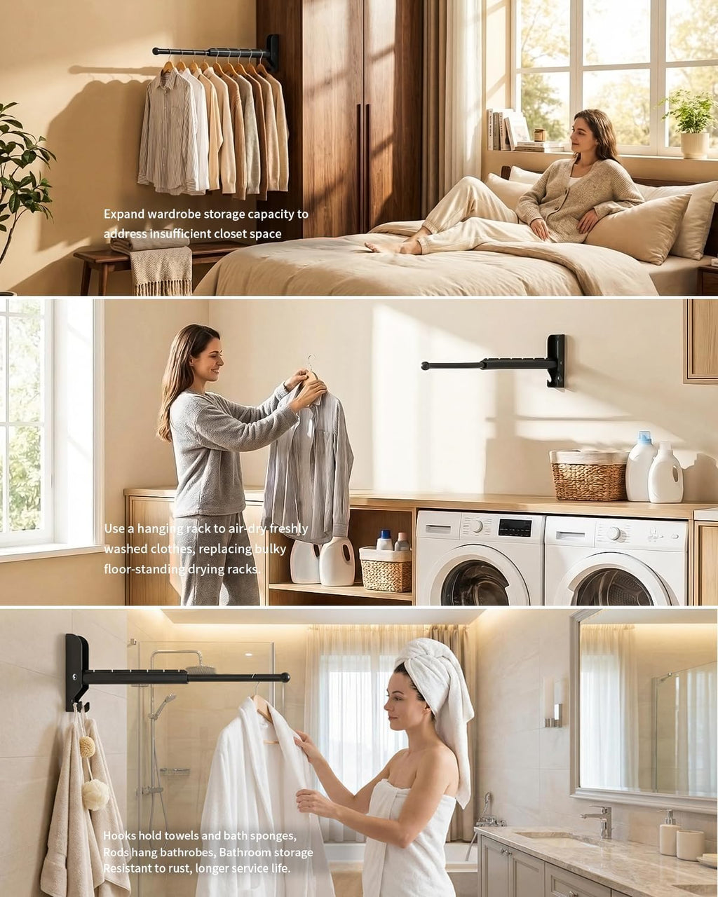 BaiNong Wall Mounted Drying Rack 13" Foldable Clothes Hanger Black Pull-Out Clothes Drying Rod for Laundry, Closets, Rntryway (1, 13" Black)