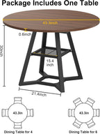 knoworld 43" Round Dining Table for 4, Kitchen Tables Dining Room Circle Dinner Table with Pedestal Metal Frame, Space Saving Wood Industrial Kitchen & Dining Room Tables, Walnut 43In