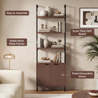 Halitaa Set of 2 Walnut & Black Ladder Shelf with Storage Cabinet, Modern Ladder Bookshelf with Doors, Wall Mount Bookcase with Metal Frame, Display Shelves for Living/Bed/Bathroom, Home Office