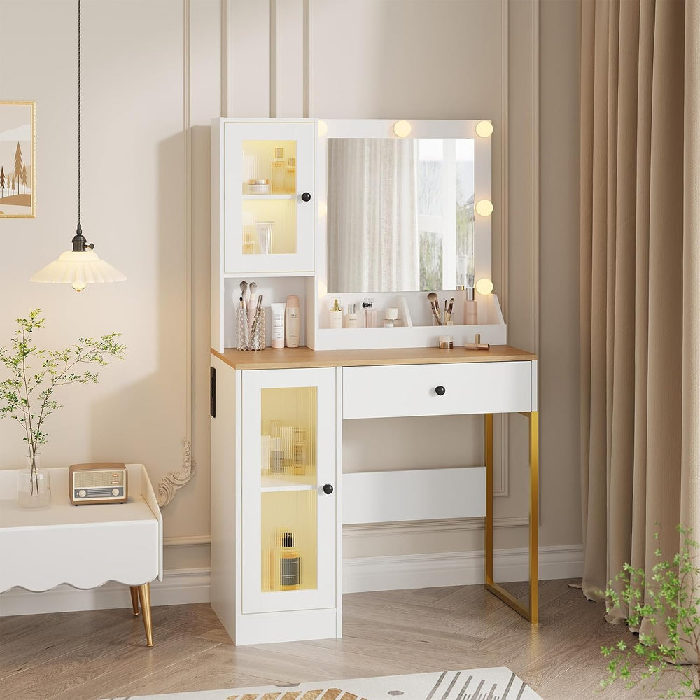 IDEALHOUSE Makeup Vanity Desk with Mirror and Lights, Vanity Table with Charg...
