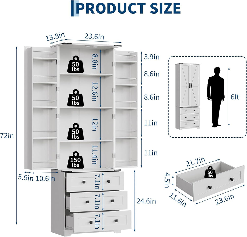 72'' Tall Kitchen Pantry Cabinet, Freestanding Tall Cupboard Storage ...