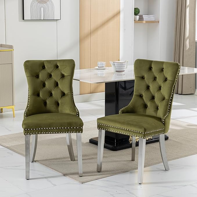 Mid Century Modern Dining Chairs Set of 8, Olive Velvet Upholstered Tufted Ba...