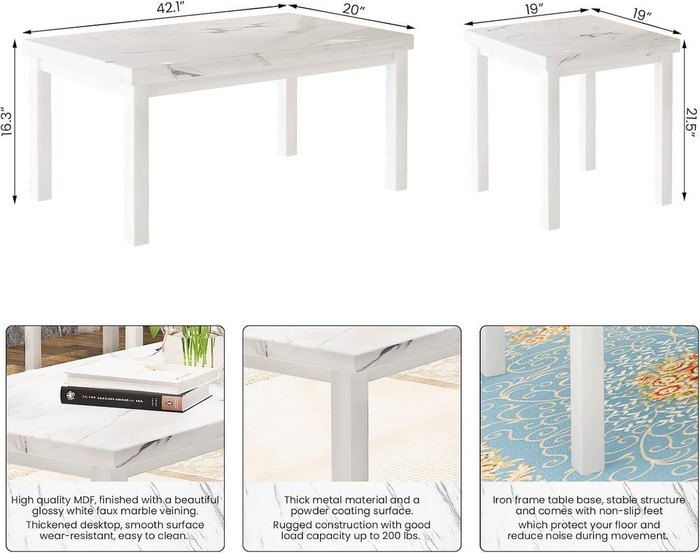 DKLGG Faux Marble Coffee Table Set of 3 Piece, Living Room Table Set Coffee T...