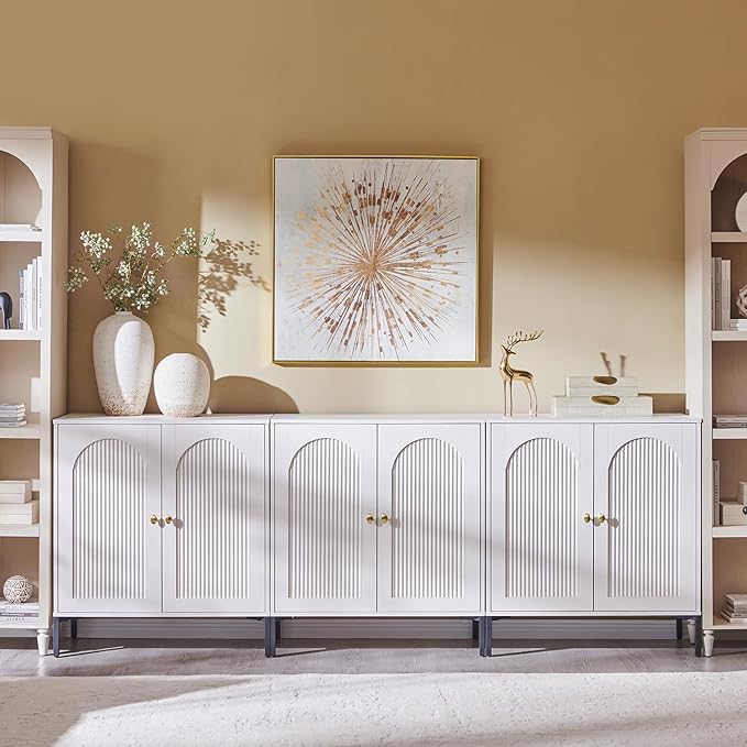 Modern TV Stands for 80 Inch TV, 92.63" W Wood Entertainment Center w/Adjustable Shelves, Mid Century Modern TV Stand w/Arched Fluted Doors, Media Console Cabinet for Living Room, White