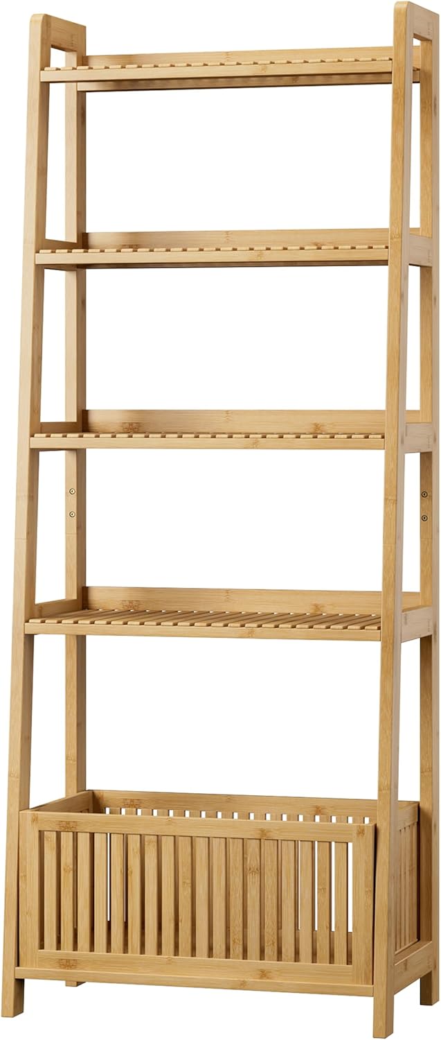 Bamjoy Bamboo Ladder Shelf, Bookshelf with 4 Display Shelves and 1 Open Stora...