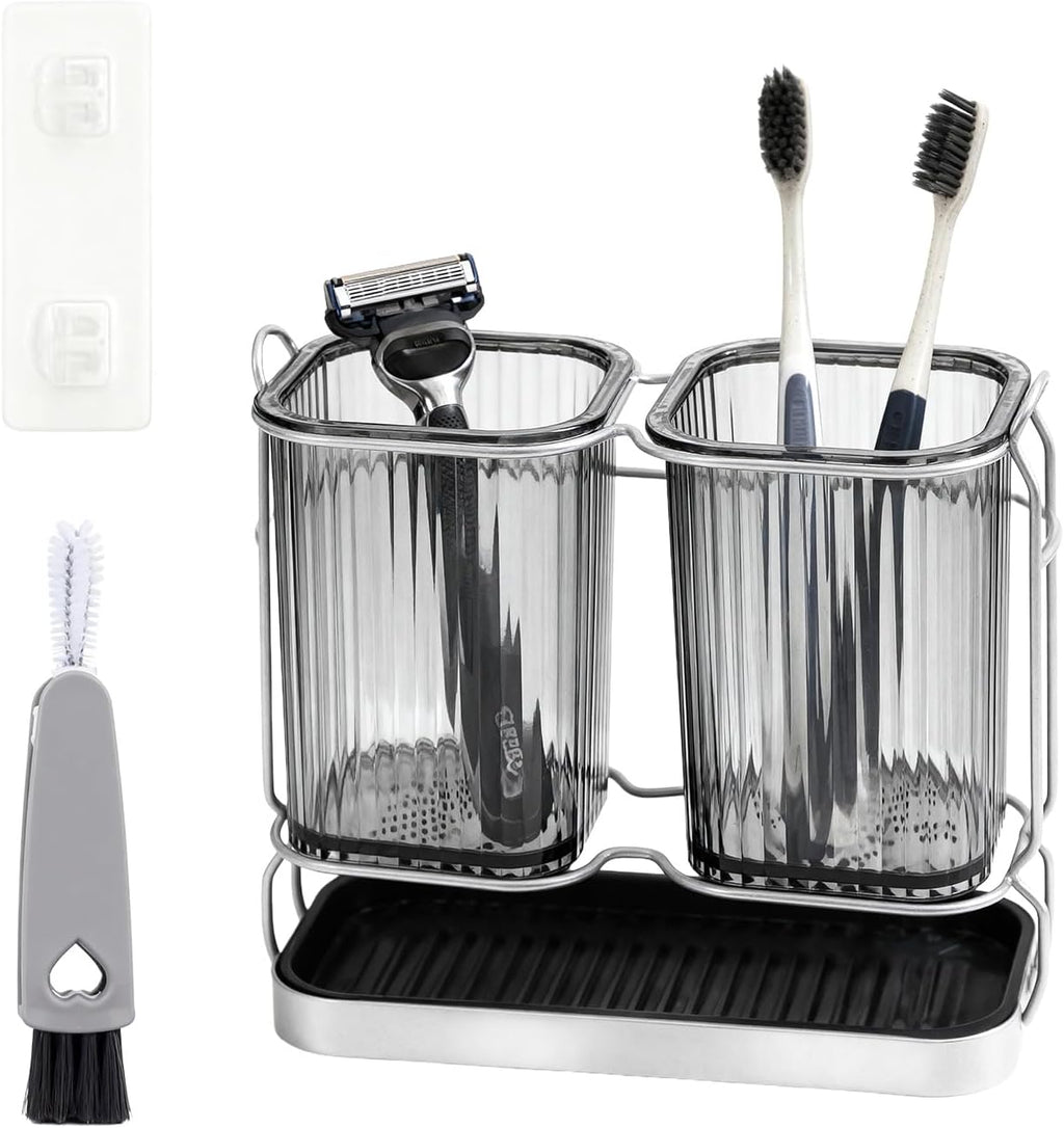 2-Pack Grey Toothbrush Holders, Wall Mounted or Countertop Toothbrush Holders with Drain Tray, All-in-One Bathroom Organizers and Storage for Toothpaste, Razors, Family & Kids (Grey)