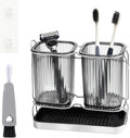 2-Pack Grey Toothbrush Holders, Wall Mounted or Countertop Toothbrush Holders with Drain Tray, All-in-One Bathroom Organizers and Storage for Toothpaste, Razors, Family & Kids (Grey)