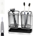 2-Pack Grey Toothbrush Holders, Wall Mounted or Countertop Toothbrush Holders with Drain Tray, All-in-One Bathroom Organizers and Storage for Toothpaste, Razors, Family & Kids (Grey)