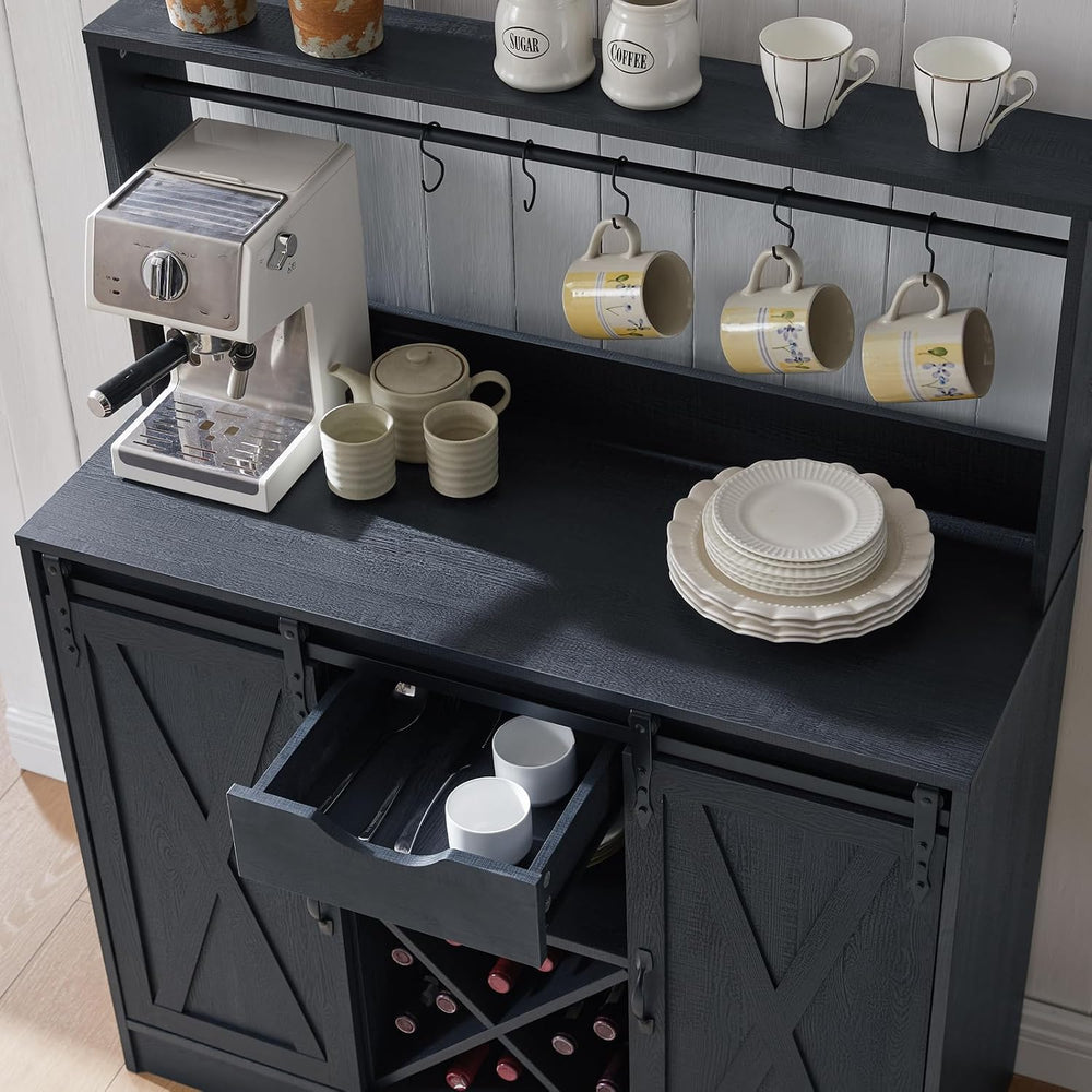 Wnutrees Farmhouse Coffee Bar Cabinet with Charging Station and USB, Black | ...