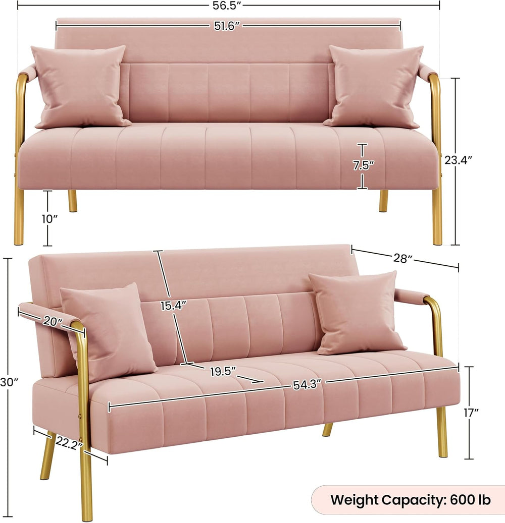 Yaheetech 56.5" Smal Sofa 2 Seater Couch with Gold-Tone Legs, Pink | Sma...