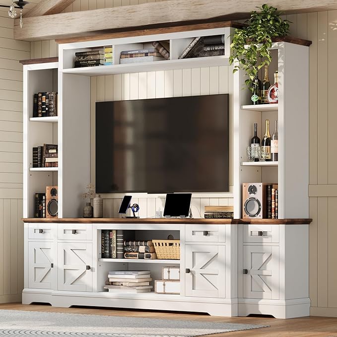 AMERLIFE 98" Farmhouse Wall Unit Entertainment Center with Bookshelves, ...