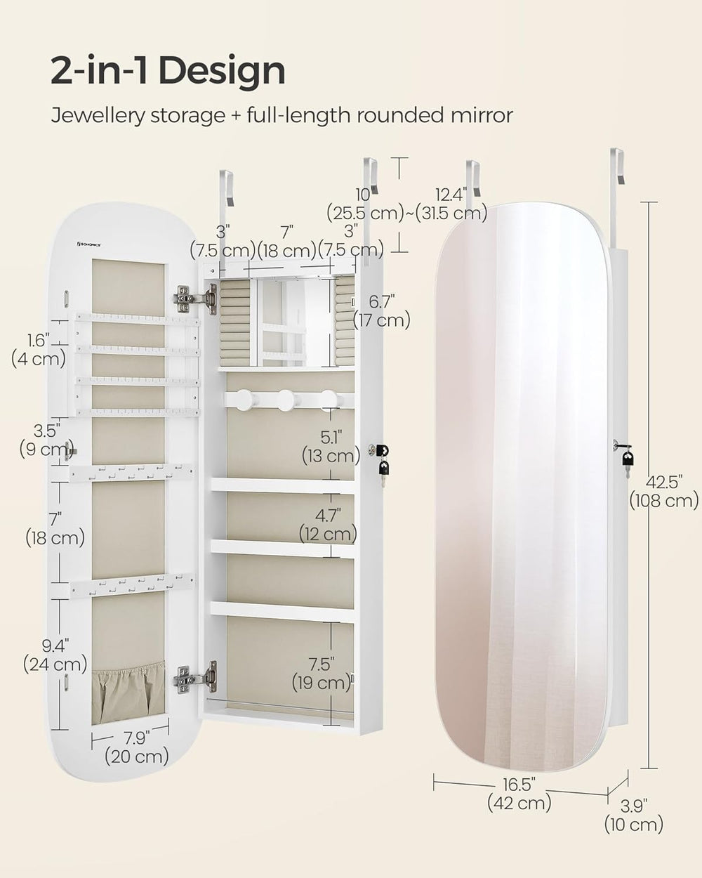 SONGMICS Jewelry Organizer, LED Jewelry Cabinet Wall/Door Mounted, Lockable R...