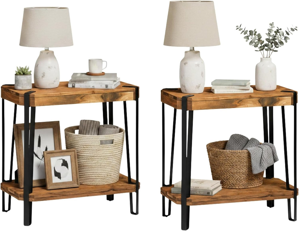 Ryegate Live Edge Modern End Tables Set of 2-2-Tier Acacia Wood Nightstands w...
