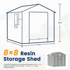 UDPATIO Storage Shed 8 x 8 FT, Resin Outdoor Outside Shed Clearance Sheds with Floor Included Plastic Solitude Cottage Shed She Sheds Buildings Garden Tool Shed with Lockable Door Garbage Gray White