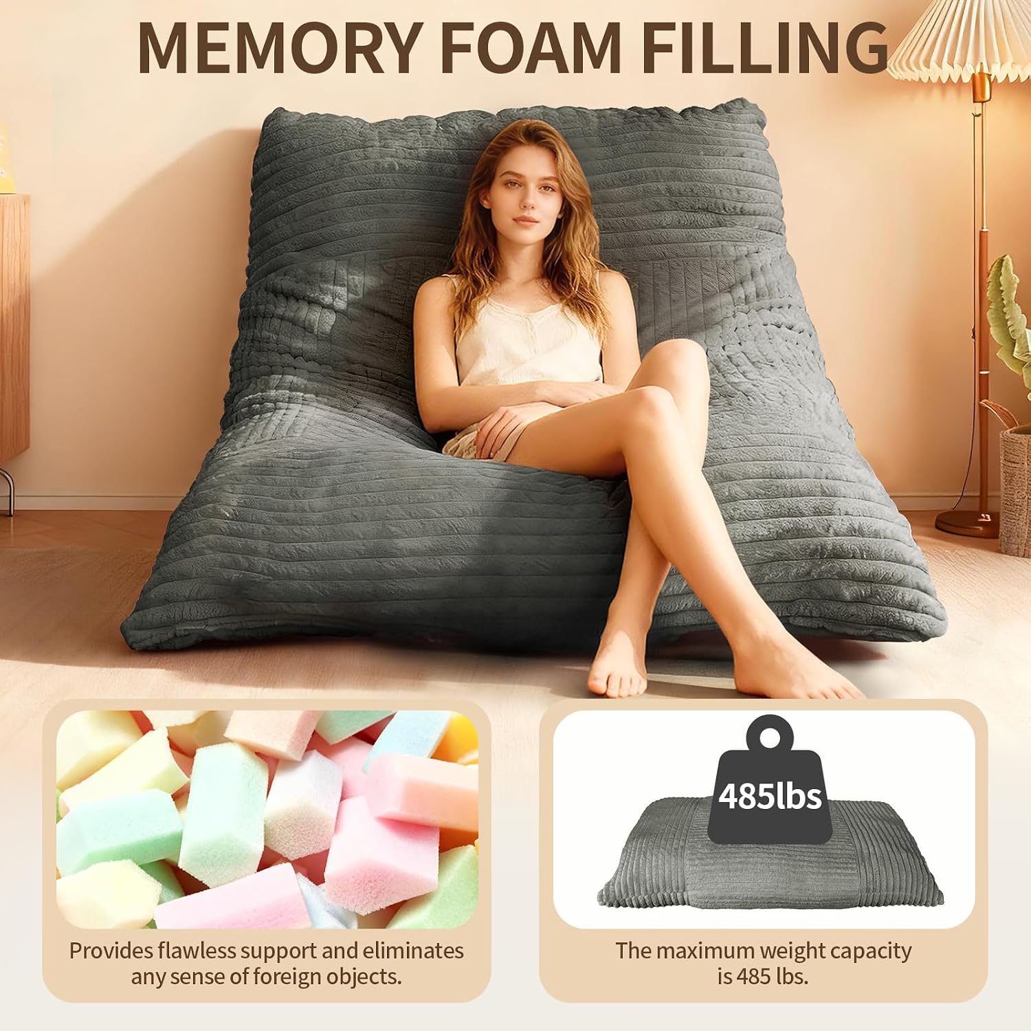 3 in 1 Bean Bag Chair, Beanbag Washable, Bean Bag Chairs for Adults, Beanbag Chair with Zipper, Adult Beans Bags Chairs, Giant Beanbags Sofa for Livingroom(Dark Grey, 55.1"x 75.6"x 19.69")