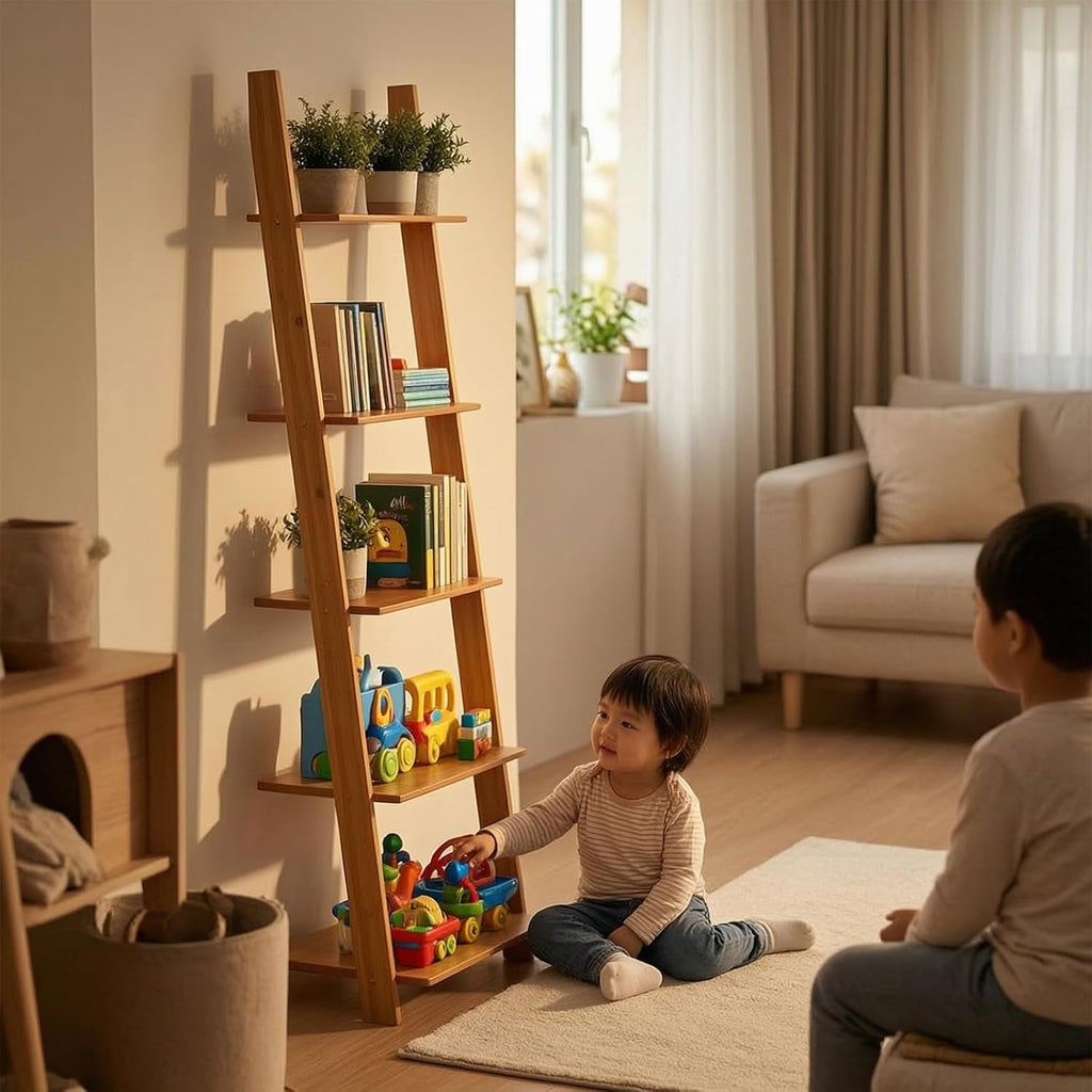 Multi Layer Storage Shelf Ladder Bookcase Stand with Bamboo Texture and Secure Wall Support Suitable for Cozy Living Compact Room Organization airy Interior Styling