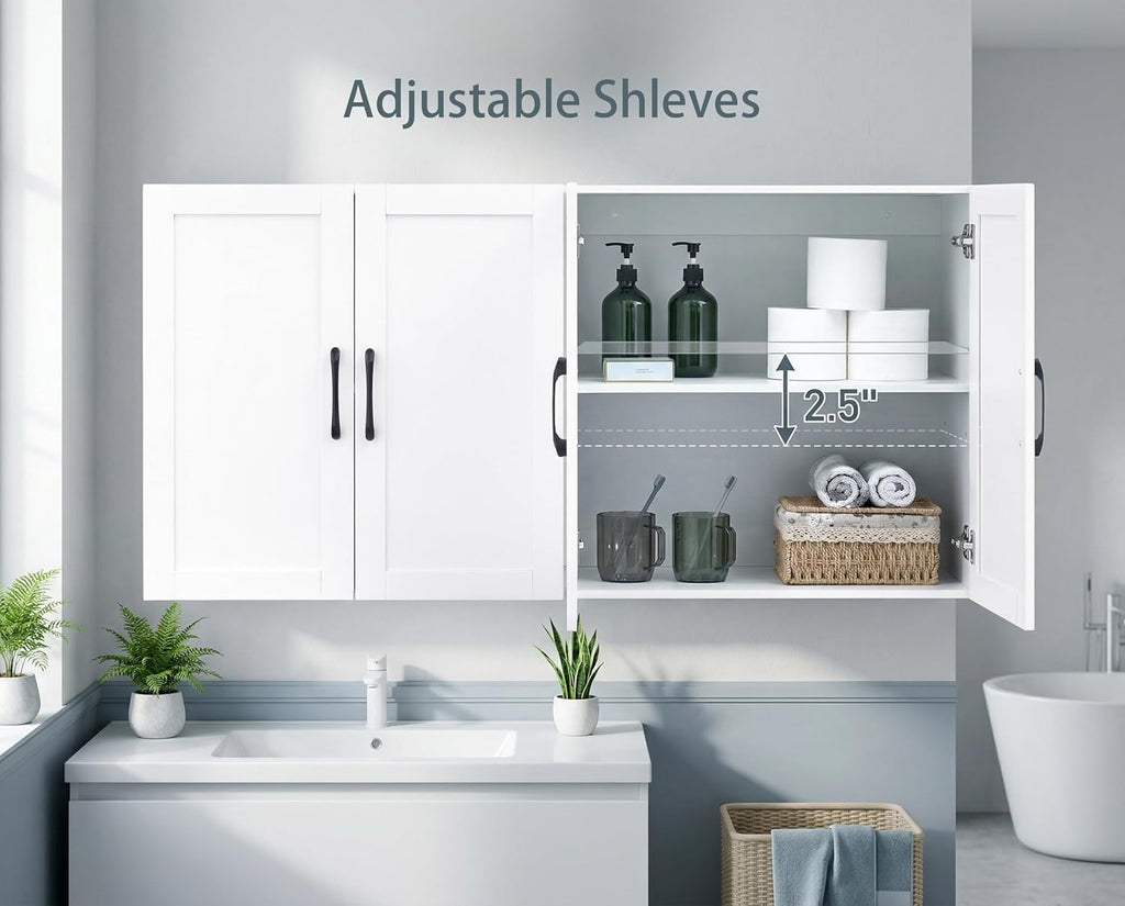 Wall Cabinet with Adjustable Shelves, Laundry Room Cabinet with 4 Doors, Kitchen Storage Cupboard Cabinet, Wall Mount Medicine Cabinet for Bathroom, Living Room, White