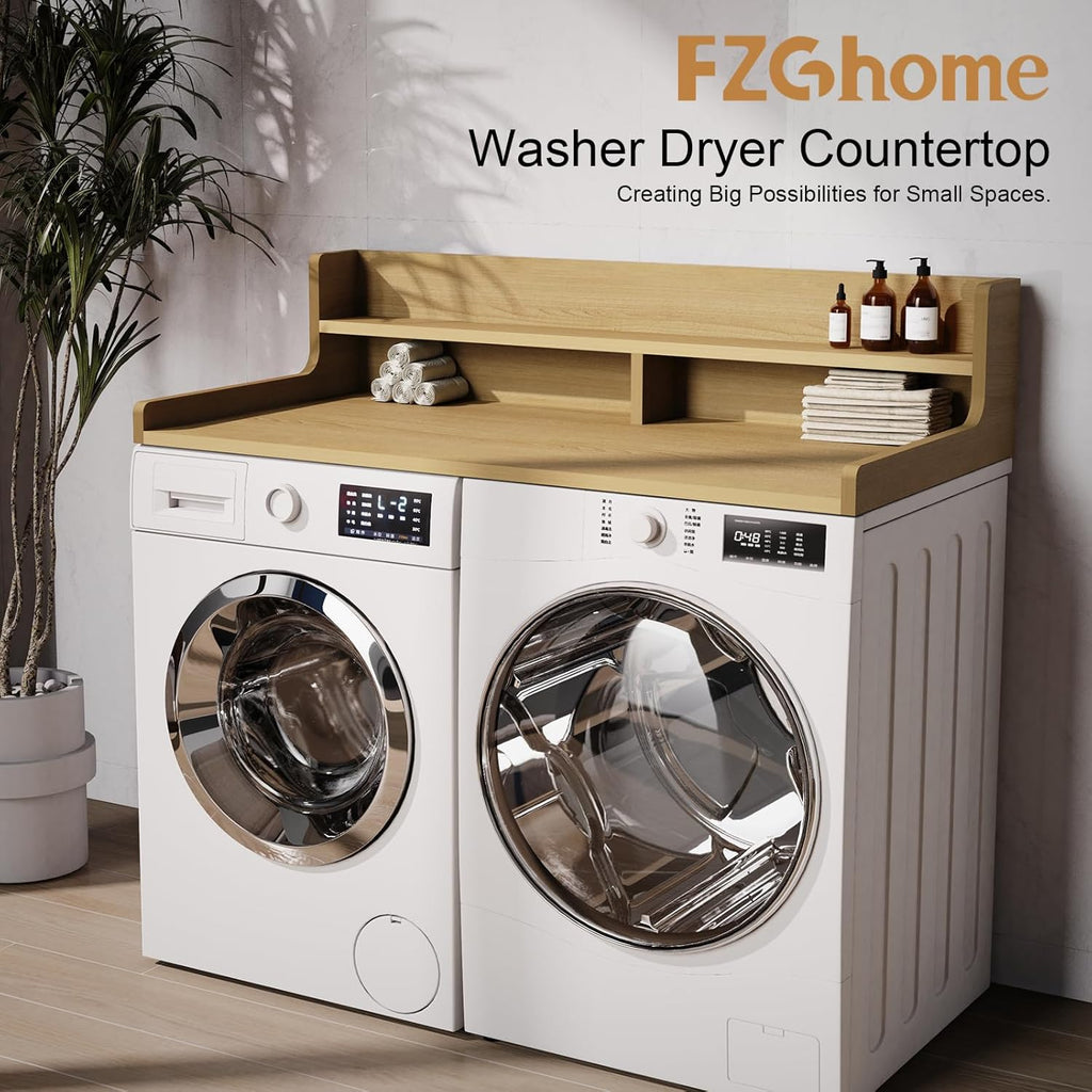 Washer Dryer Countertop, 54" x 27.55" 2-Tier Washer Dryer Topper with Edge, for Laundry Room Organization Oak