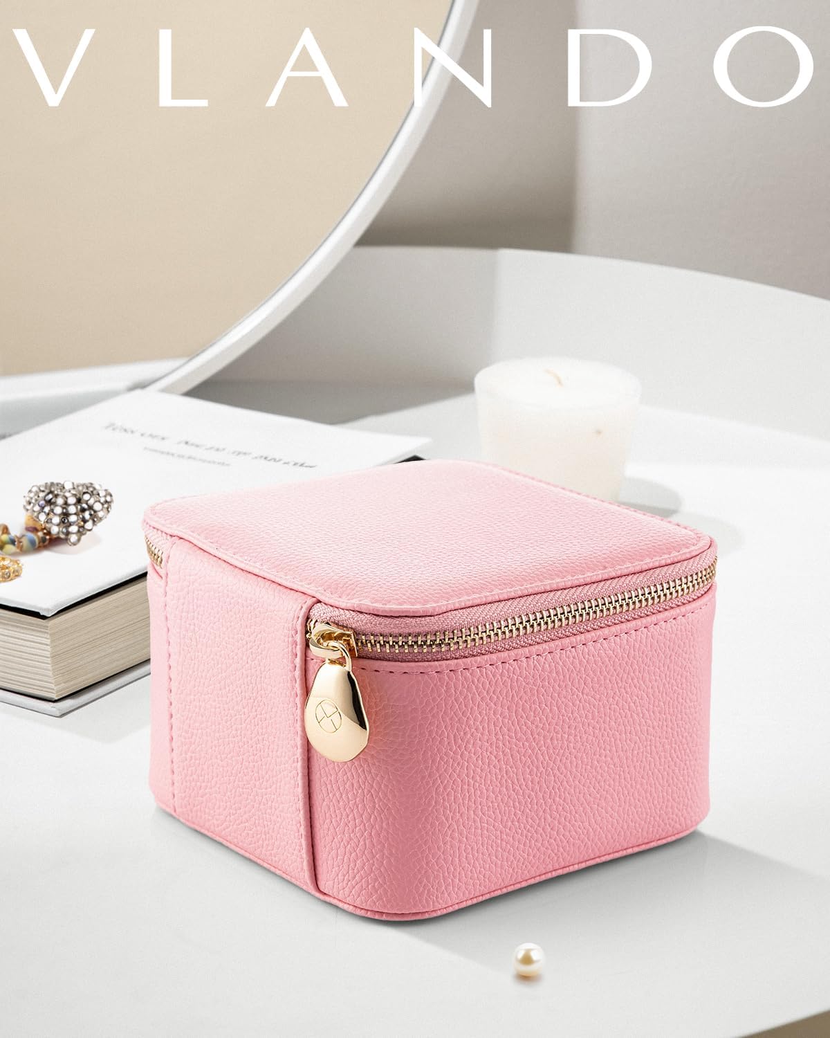 Vlando Travel Jewelry Box for Women,Faux Leather Jewelry Case with 6 Velvet Jewelry Zipper Pockets,Gift Ideas for Women Wife Earrings Necklace Rings Storage Boxes(Strawberry Pink)