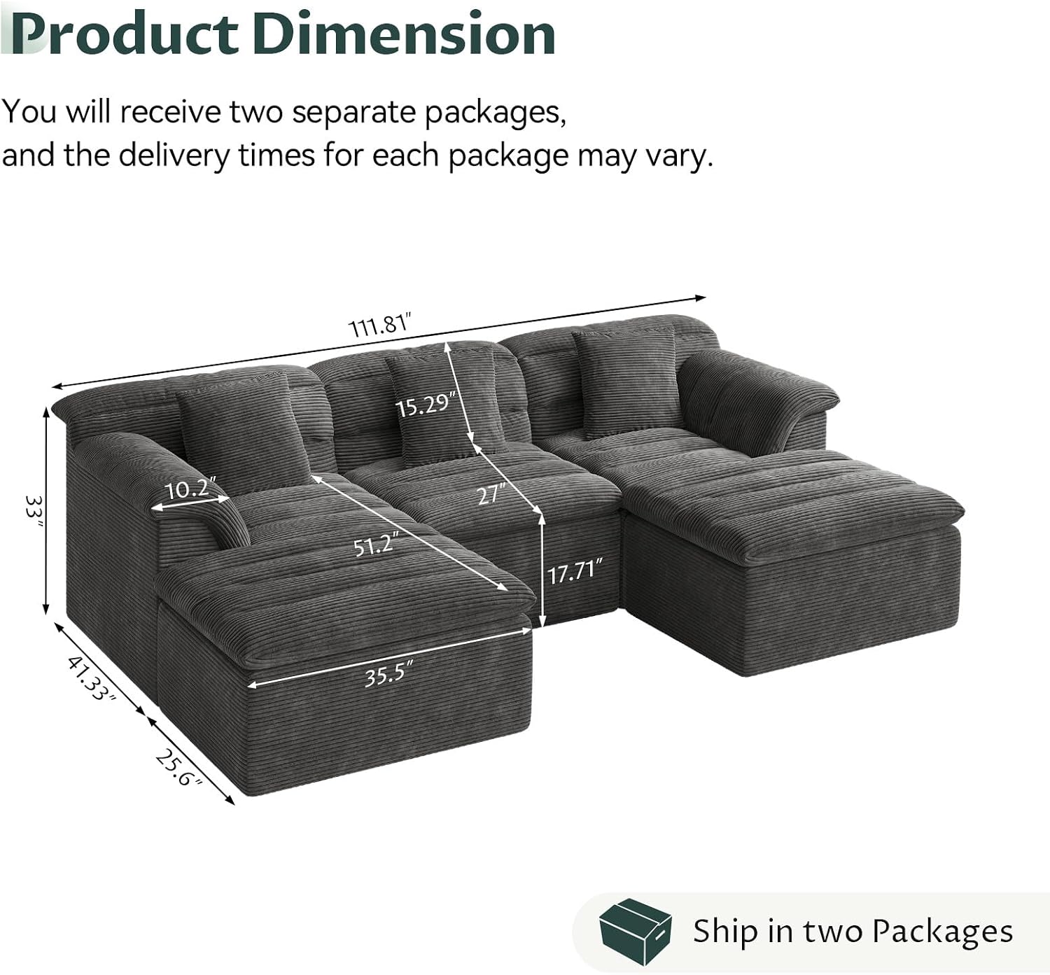 111.8" Modular Sofa with Ottoman, Boneless Cloud Couch with Deep Seat, Comfy U-Shape Corduroy Couches for Living Room, No Assembly Required, Dark Gray