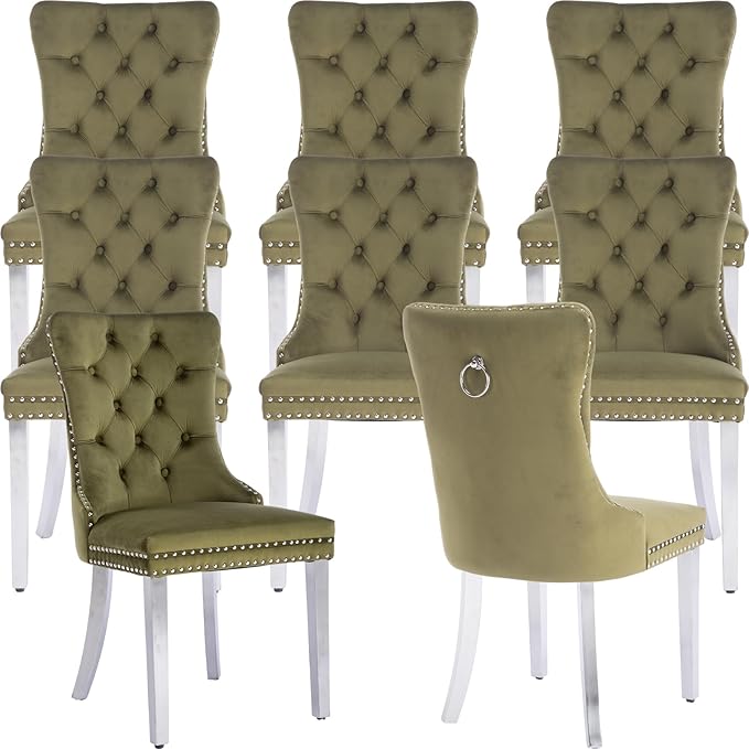 Mid Century Modern Dining Chairs Set of 8, Olive Velvet Upholstered Tufted Ba...