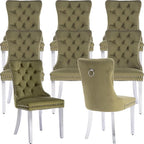 Mid Century Modern Dining Chairs Set of 8, Olive Velvet Upholstered Tufted Back, Kitchen & Dining Room Chairs, Brushed Silver Metal Legs, Nailhead Trim, Sillas para Comedor (Olive, 8 Pcs)