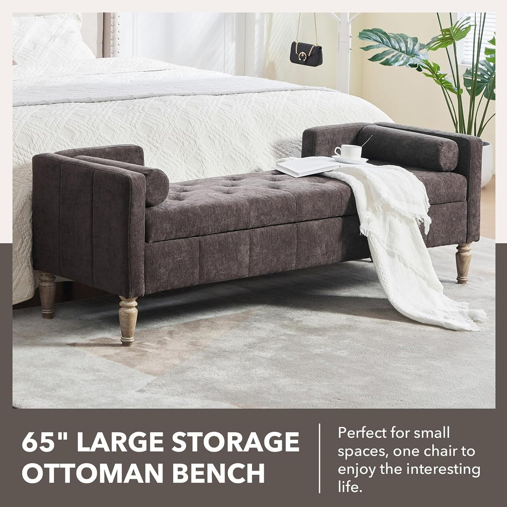 NIOIIKIT 65" Corduroy Upholstered Storage Ottoman Bench with Pillows Coffee | Large Entryway Bench with Wood Leg, End of Bed Bench with Straight Armrest, Window Bench for Bedroom, Living Room